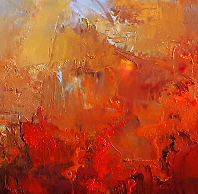Abstract oil painting number 3 by artist Natasha Marson, golden colors, bushes, forest, broken,  tree, sky