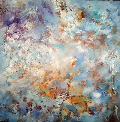 Natasha Marson artist, abstract, paintings ,areal , composition, soft blue background, beige and violet pallet knife strokes, areal view above the ground, wide angle scale